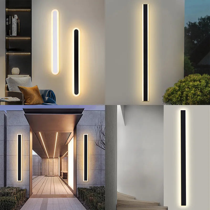 150cm long straight outdoor LED wall light with black wrought iron housing and IP65 waterproof rating.