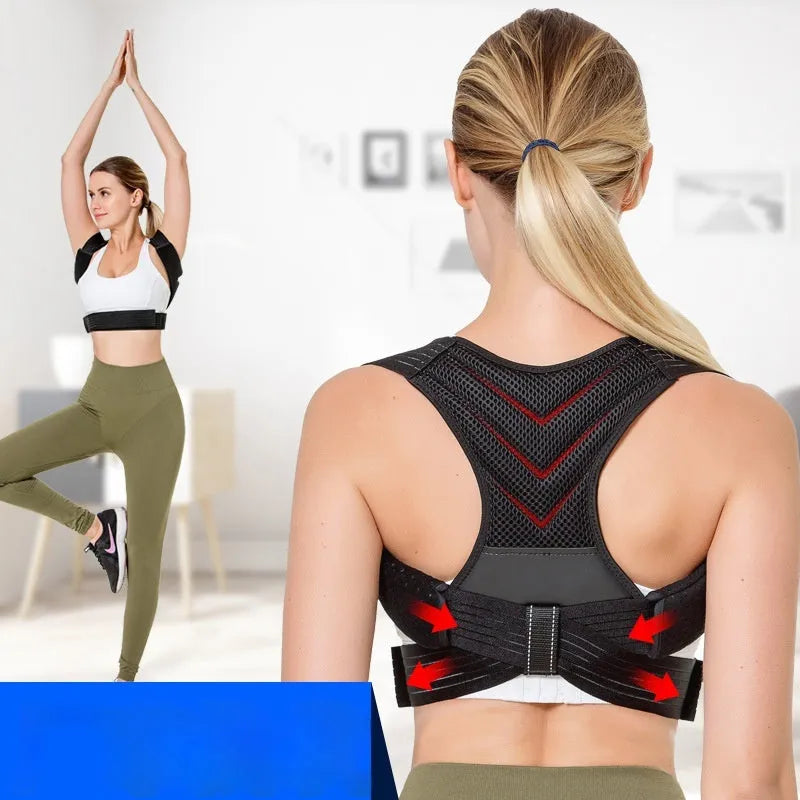 Black posture correction belt with open shoulder design shown on model