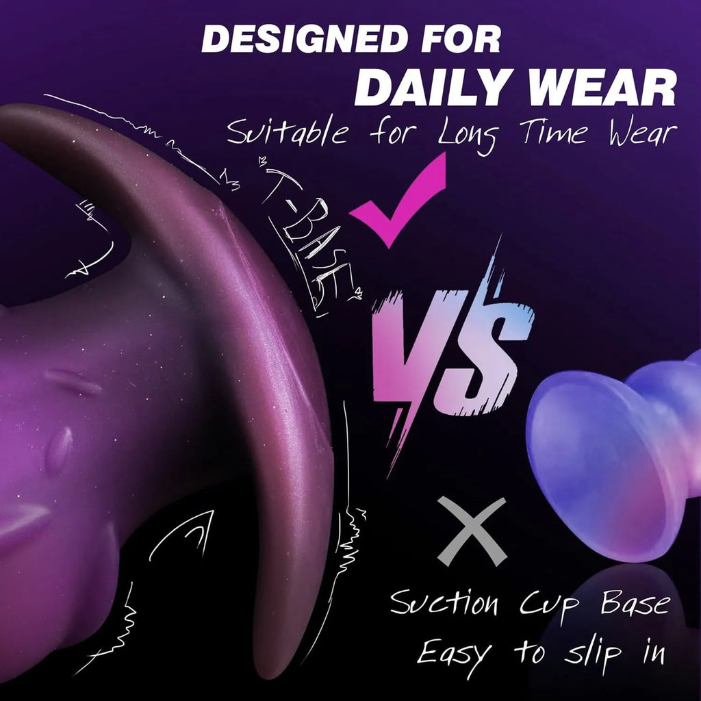 A purple, gold, or black silicone masturbator for adults, shown with size options S, M, L, and XL.