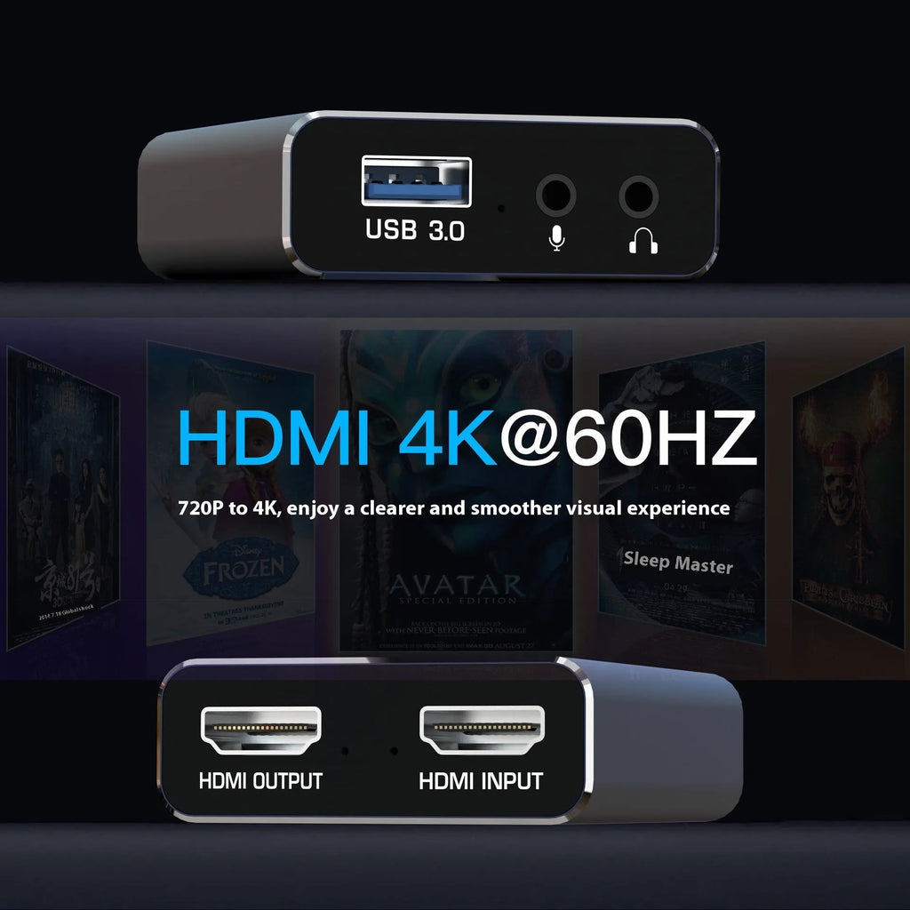 Black 4K gaming set-top box for USB audio recording with MS2131 chip and data cable.