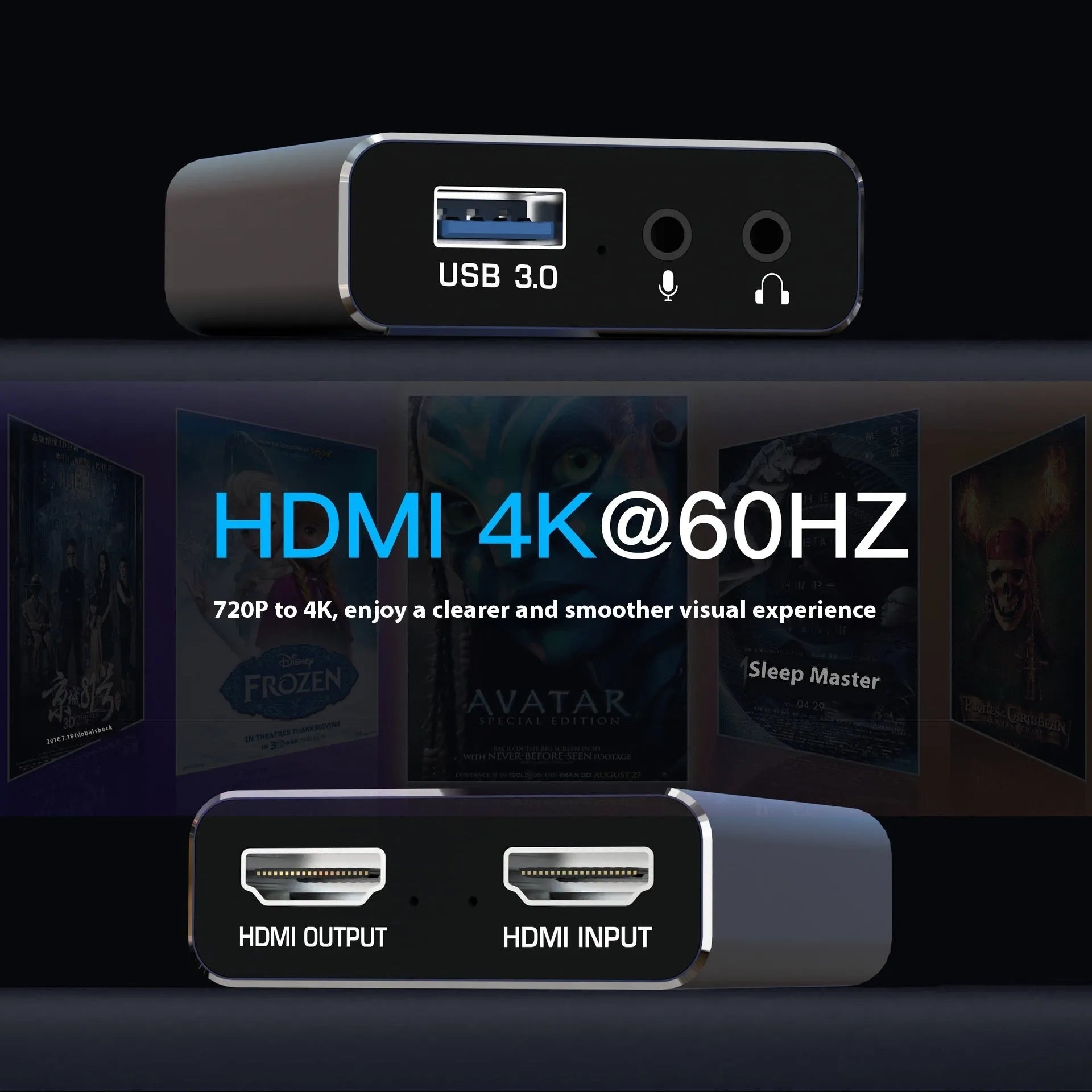 Black 4K gaming set-top box for USB audio recording with MS2131 chip and data cable.