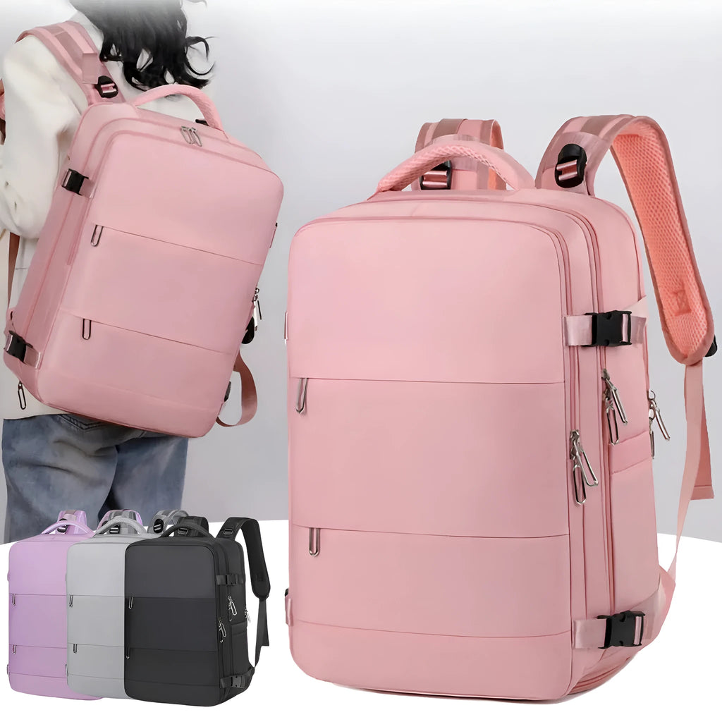 Large purple travel backpack with multiple compartments, shown with a laptop and organised interior.