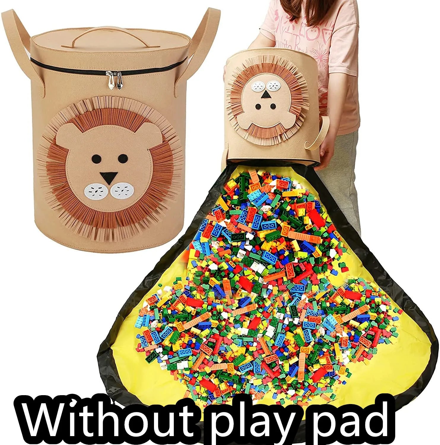 Green felt cube storage bag with a pull rope, laid flat as a play mat.