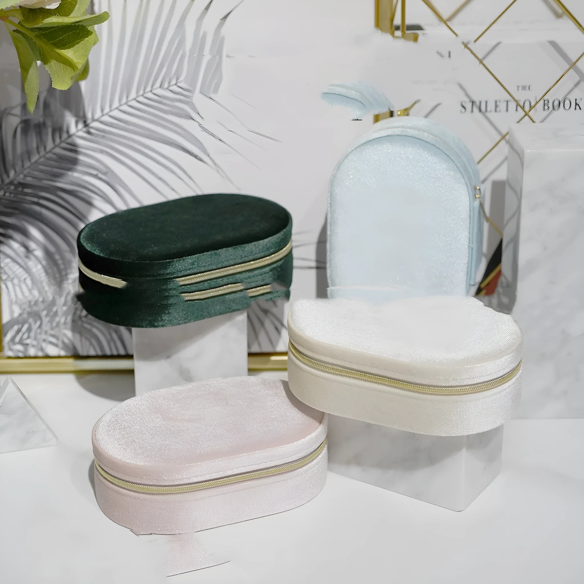 Oval velvet jewellery storage box with flannel lining in multiple colour options