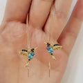 Long drop bird shaped alloy earrings for women with zirconium wings, shown in blue, red, and red lvzuan colour variations.