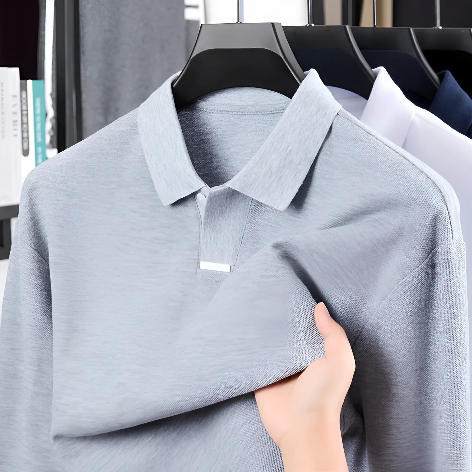 Men's loose fit cotton polo shirt with lapel collar and long sleeves in grey.