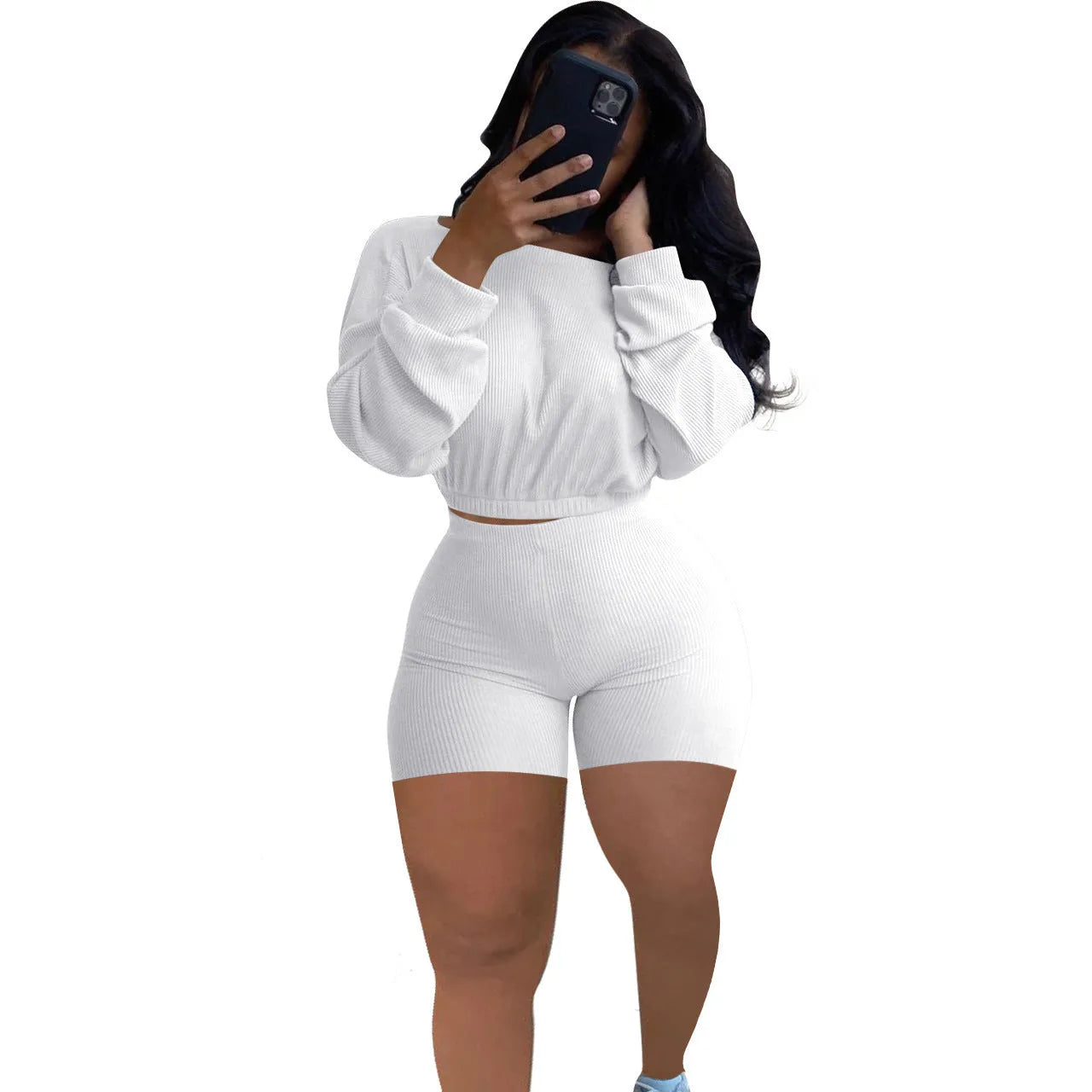 Women's off-shoulder top and matching shorts two-piece set in solid colour with sunken stripe pattern