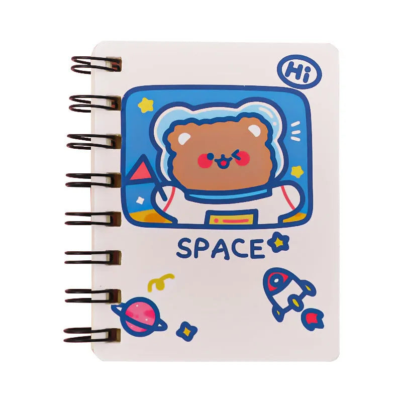 Astronaut themed flipper notebook showing compact 10.5cm by 8cm size with space artwork cover