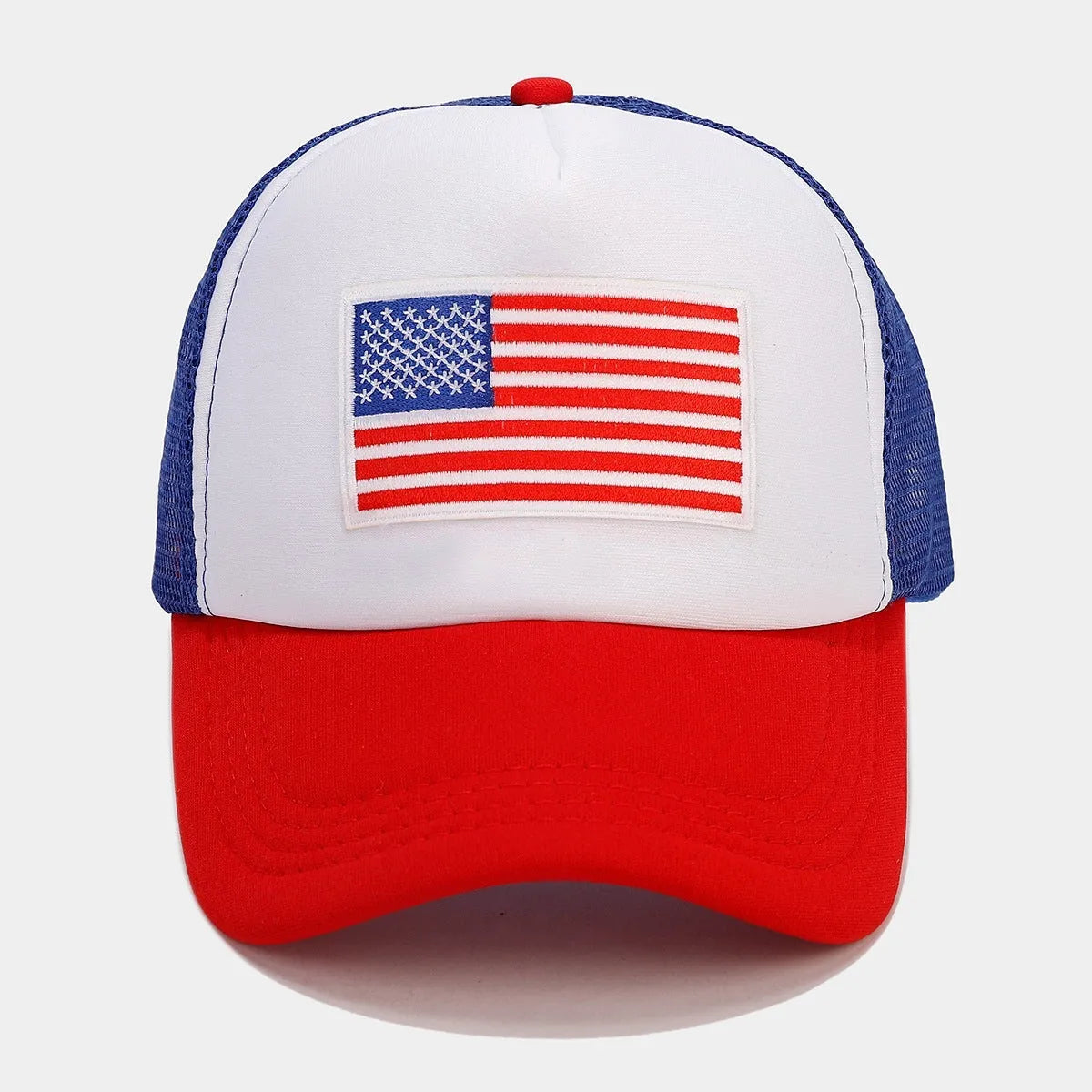 Red and blue contrast mesh breathable baseball cap with adjustable strap and dome crown design