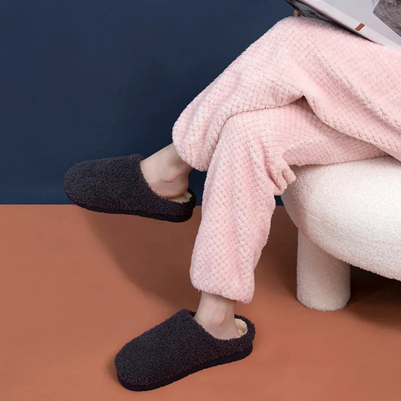 Furry suede thickened non-slip bedroom slippers in caramel colour on tiled floor