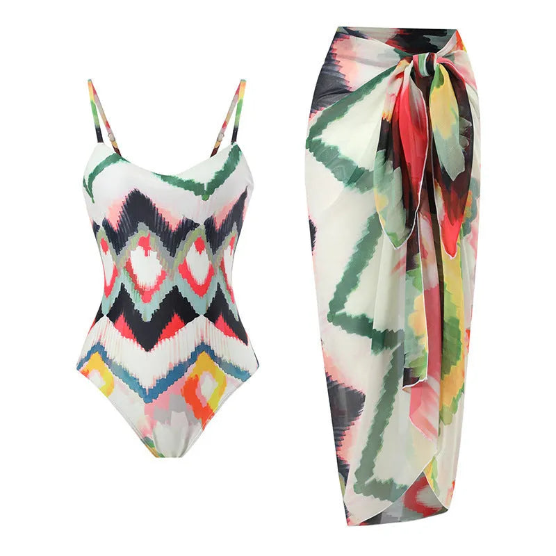 Women's striped two-piece swimsuit with detachable hip skirt in quick-drying polyester fabric