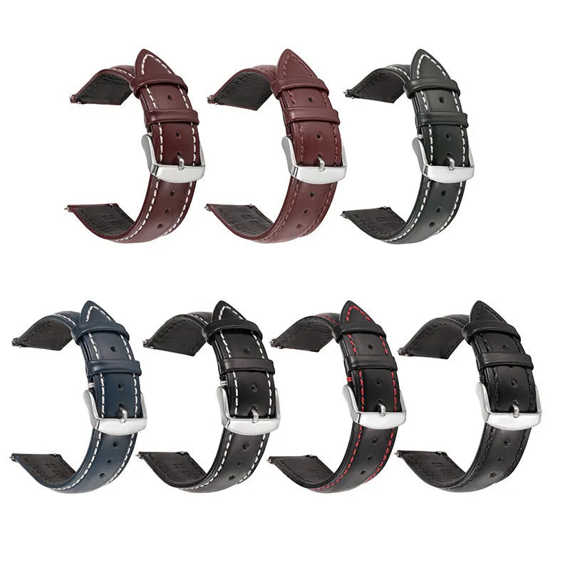 Quick release cowhide leather watch strap in black and white line colour on a watch.