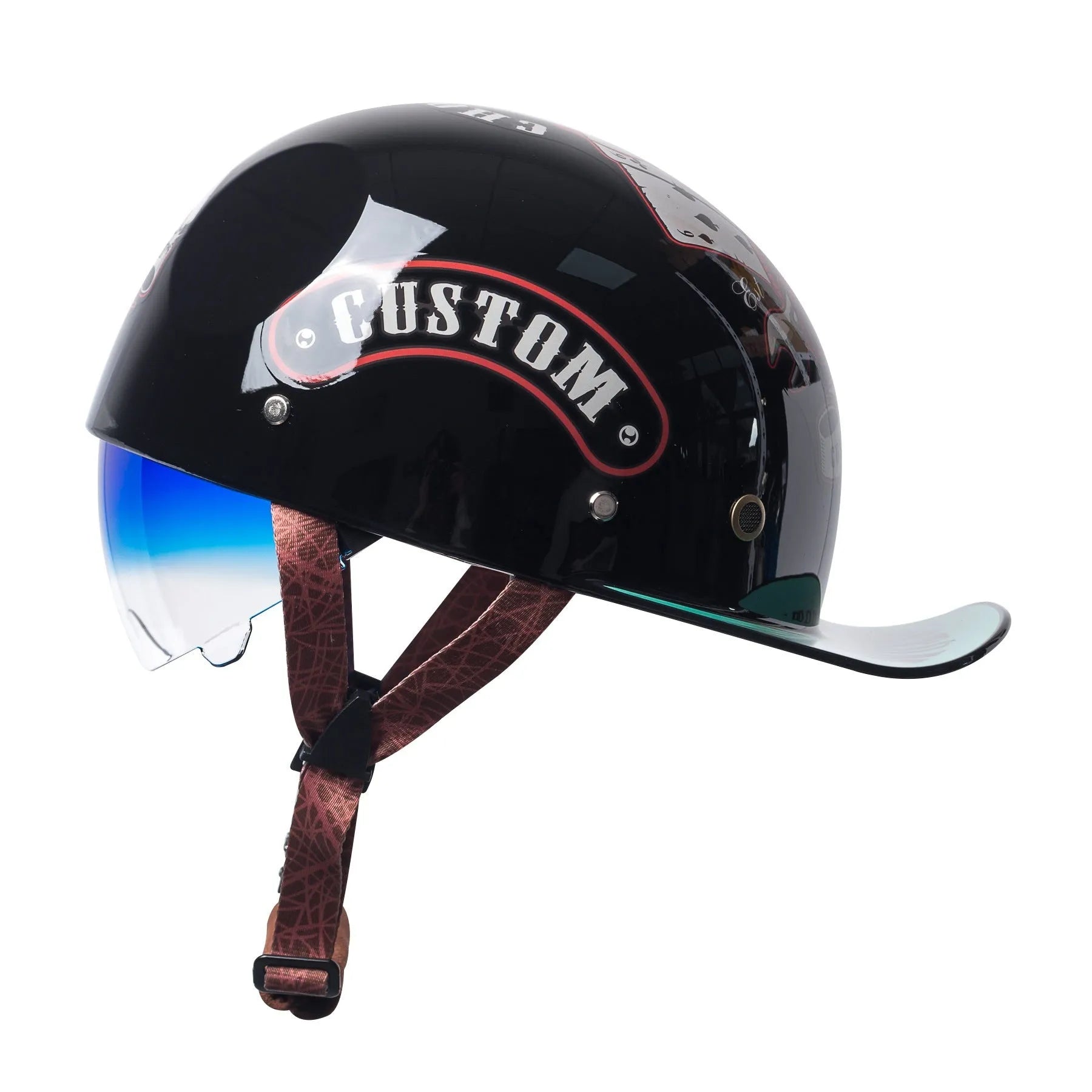 Men's retro electric bicycle half helmet in bright black with gradient blue lens