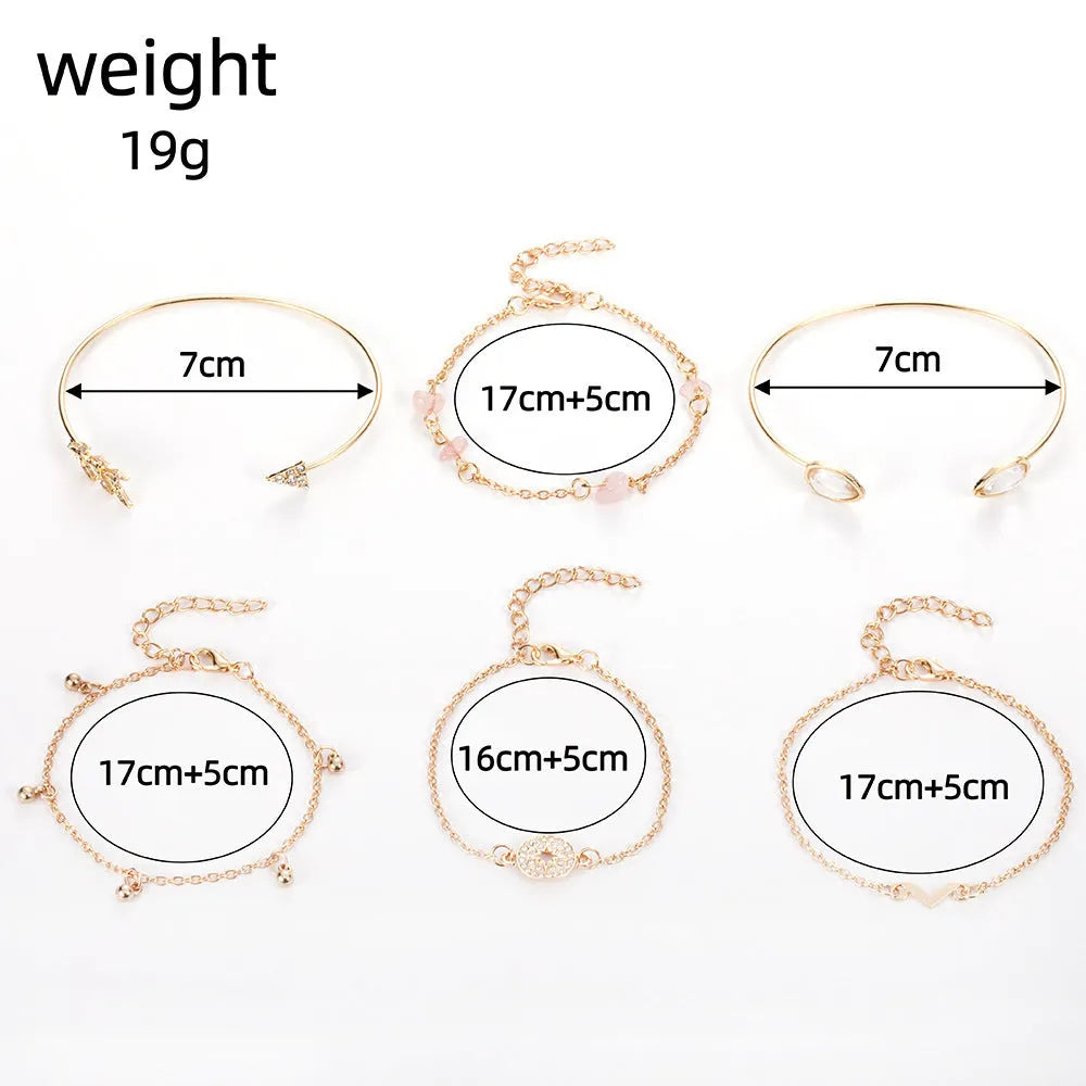 6 piece gold women's bracelet set with water droplet and arrow-shaped charms on zinc alloy construction