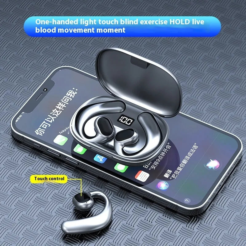 Black and white ear-mounted Bluetooth headset with digital display screen on the side