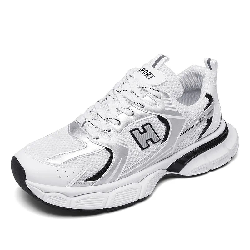 Men's mesh casual running shoes with plastic soles in black, white and gray, or white orange colours