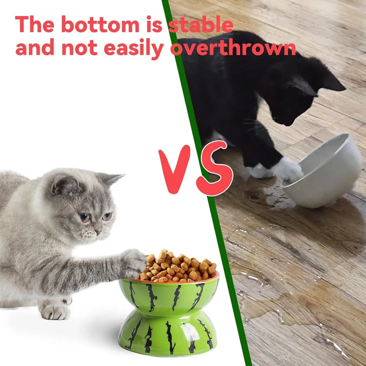 Ceramic elevated cat bowl with tilted surface in a colourful fruit pattern, showing its height and wide design.