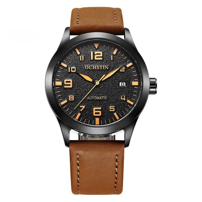 Men's automatic mechanical watch with retro leather strap showing multiple colour dial and case combinations