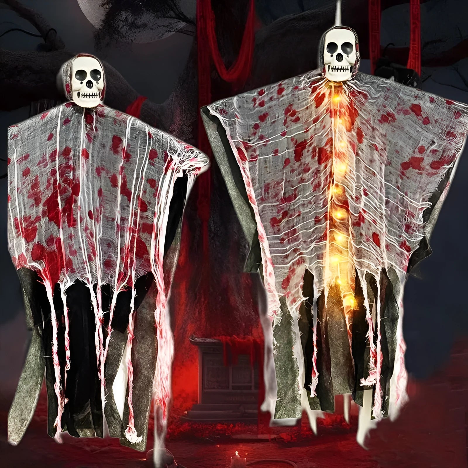Halloween plastic hanging decoration showing blood-dyed luminous skull and ghost ornament for outdoor or indoor display