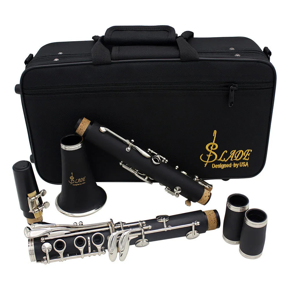 Black beginner clarinet with 17 Bakelite keys and protective carrying bag