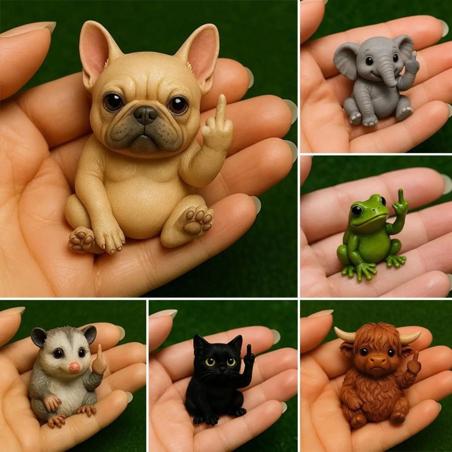 Mini resin animal middle finger ornament doll showing vertical gesture, available in seven animal styles