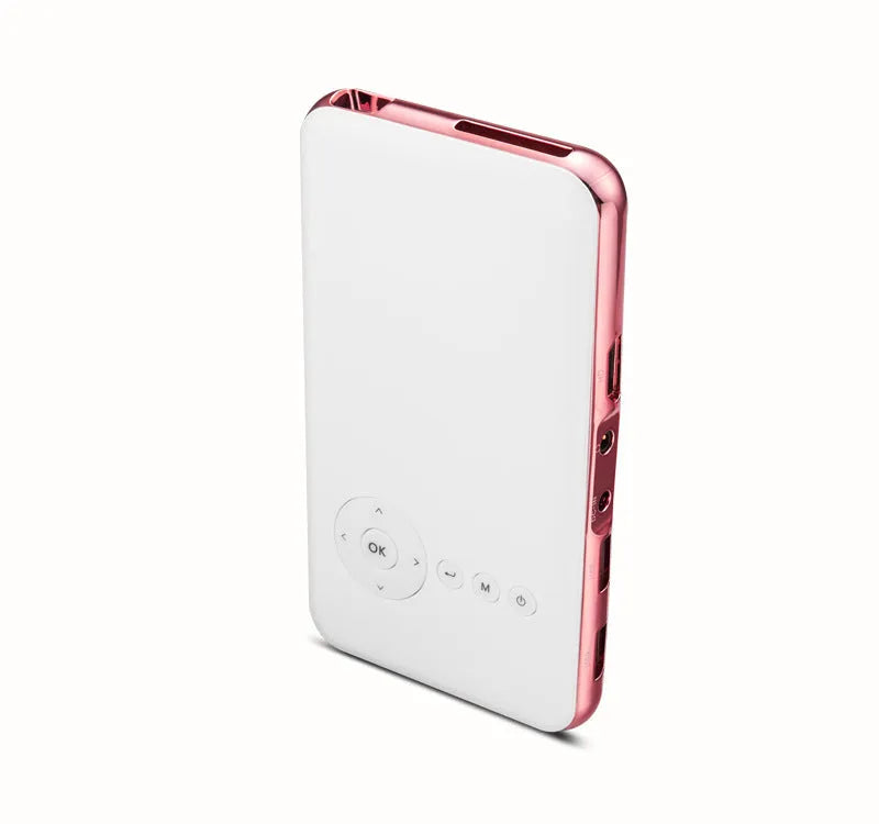 White and rose gold miniature portable Android projector showing compact 145mm size with smart DLP technology