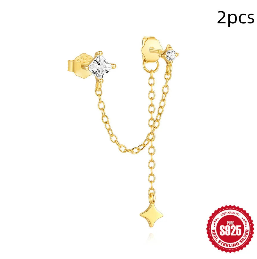 S925 sterling silver double ear piercings stud earrings with zircon inlaid chain in golden geometric designs