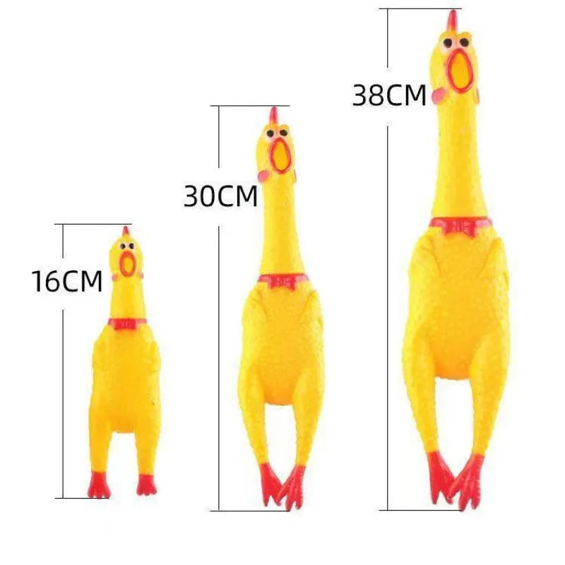 Yellow rubber screaming chicken dog squeak chew toy shown in small, medium, and large sizes.