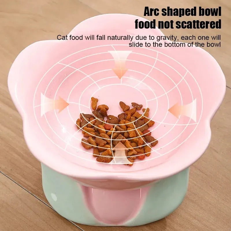 Blue floral patterned ceramic elevated pet bowl with non-slip base for cats and small dogs