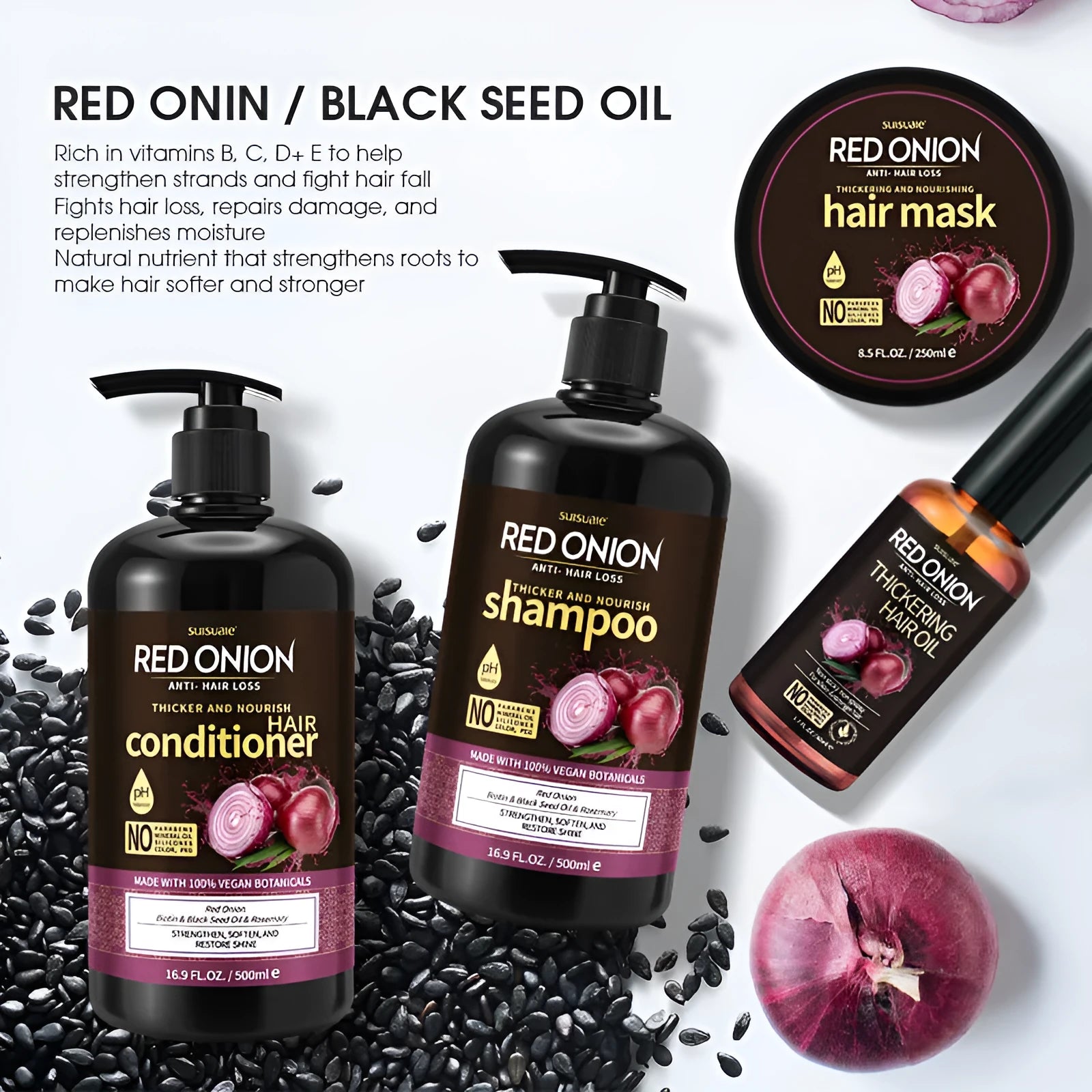 Red onion shampoo, conditioner, hair mask and essential oil four-piece hair care set