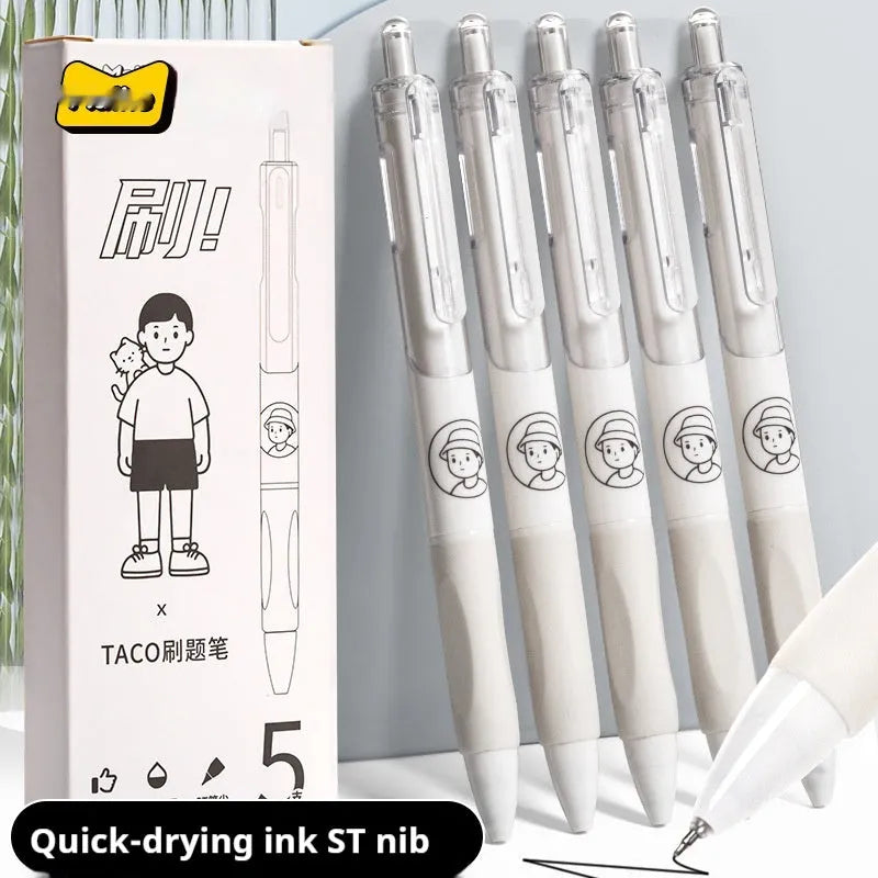Five black 0.5mm ballpoint pens with plastic shells for student and office use