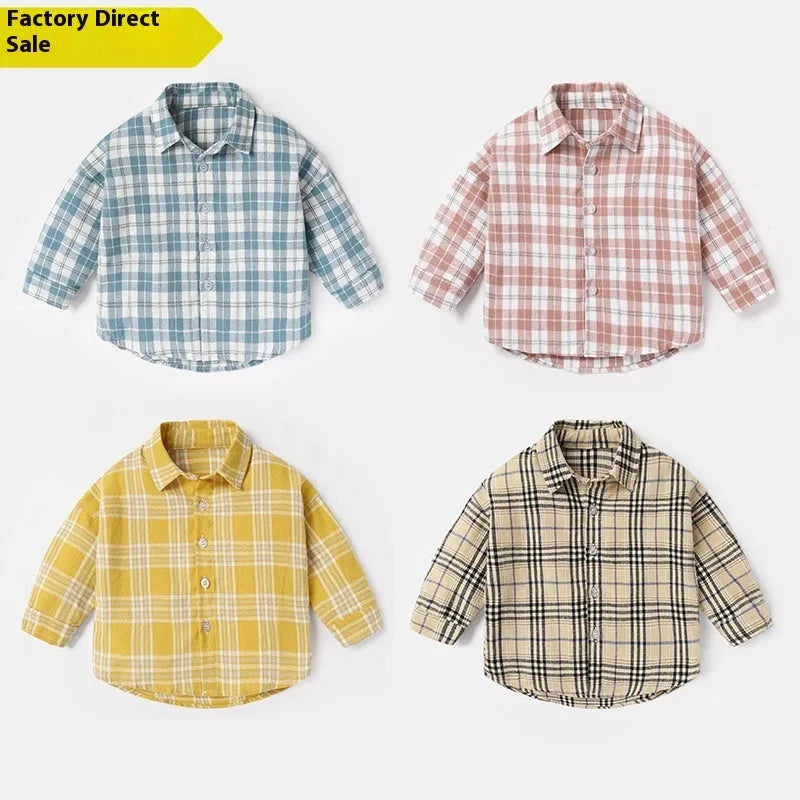Boys' cotton lattice shirt with animal cartoon pattern in light blue, showing long sleeves and casual style.