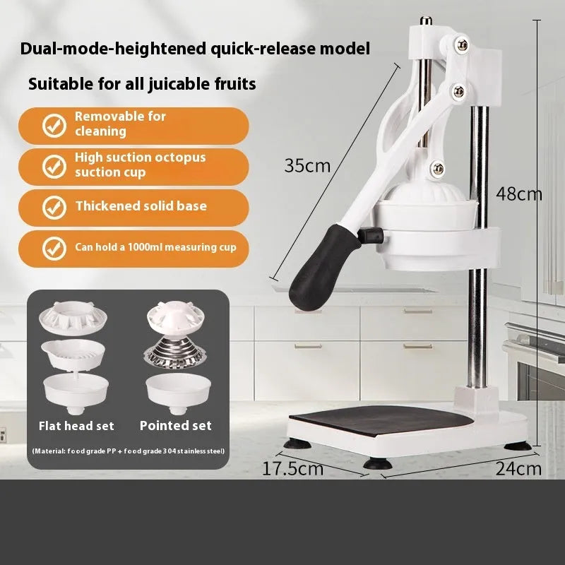 Manual stainless steel and nylon citrus juicer on a countertop, 480cm size with flat mould head.
