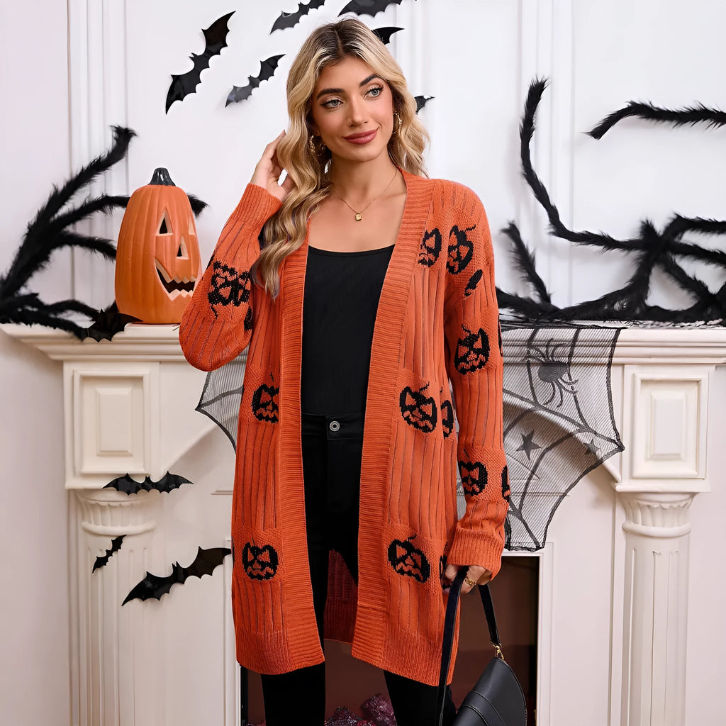 Women's black Halloween cardigan with jacquard pumpkin pattern, straight cut with regular sleeves