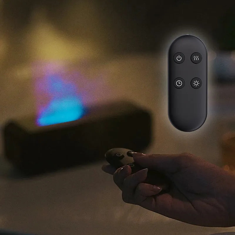 Black or white flame dynamic essential oil diffuser with remote control and colour-changing lights.