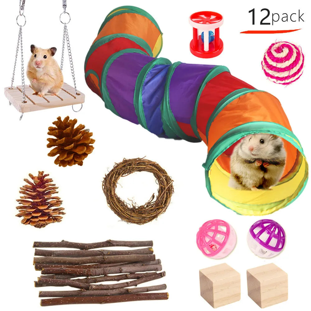 Wooden chew toy sets for rabbits, guinea pigs and parrots with various natural components