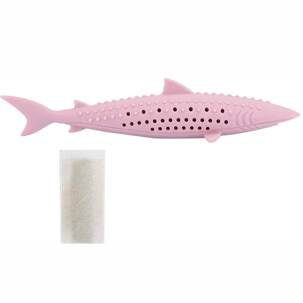 Silicone fish-shaped cat chew toy with breathable holes in green, pink, or purple colours