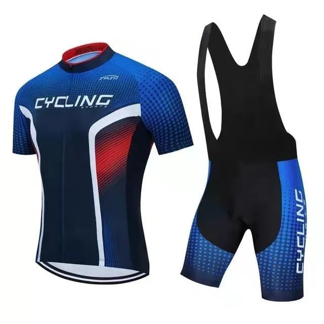Cycling jersey and padded shorts set for summer mountain and road biking with moisture-wicking fabric