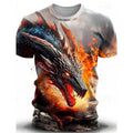 Men's grey T-shirt with a large blue 3D wind dragon print across the chest, short sleeves.
