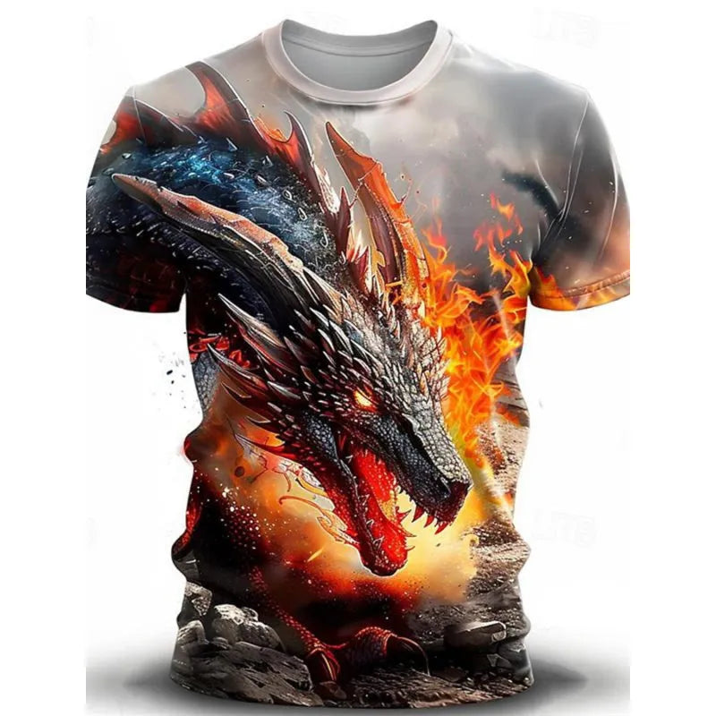 Men's grey T-shirt with a large blue 3D wind dragon print across the chest, short sleeves.