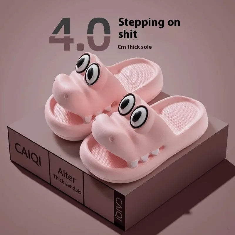 EVA platform sandals with animal pattern in pink, green, yellow, or blue for parents and children.
