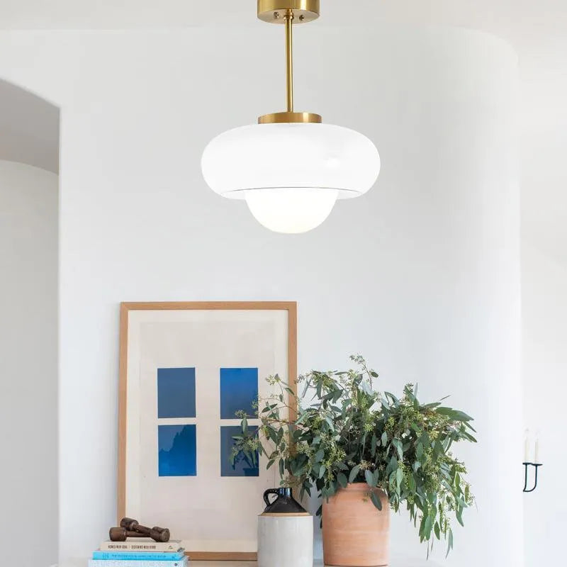 Bauhaus pendant light with three milk white egg tart glass shades for ceiling mounting