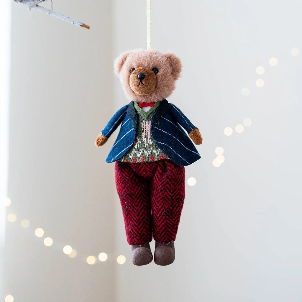 Couple plush bear dolls in cotton plaid suits showing gentleman and princess bear characters