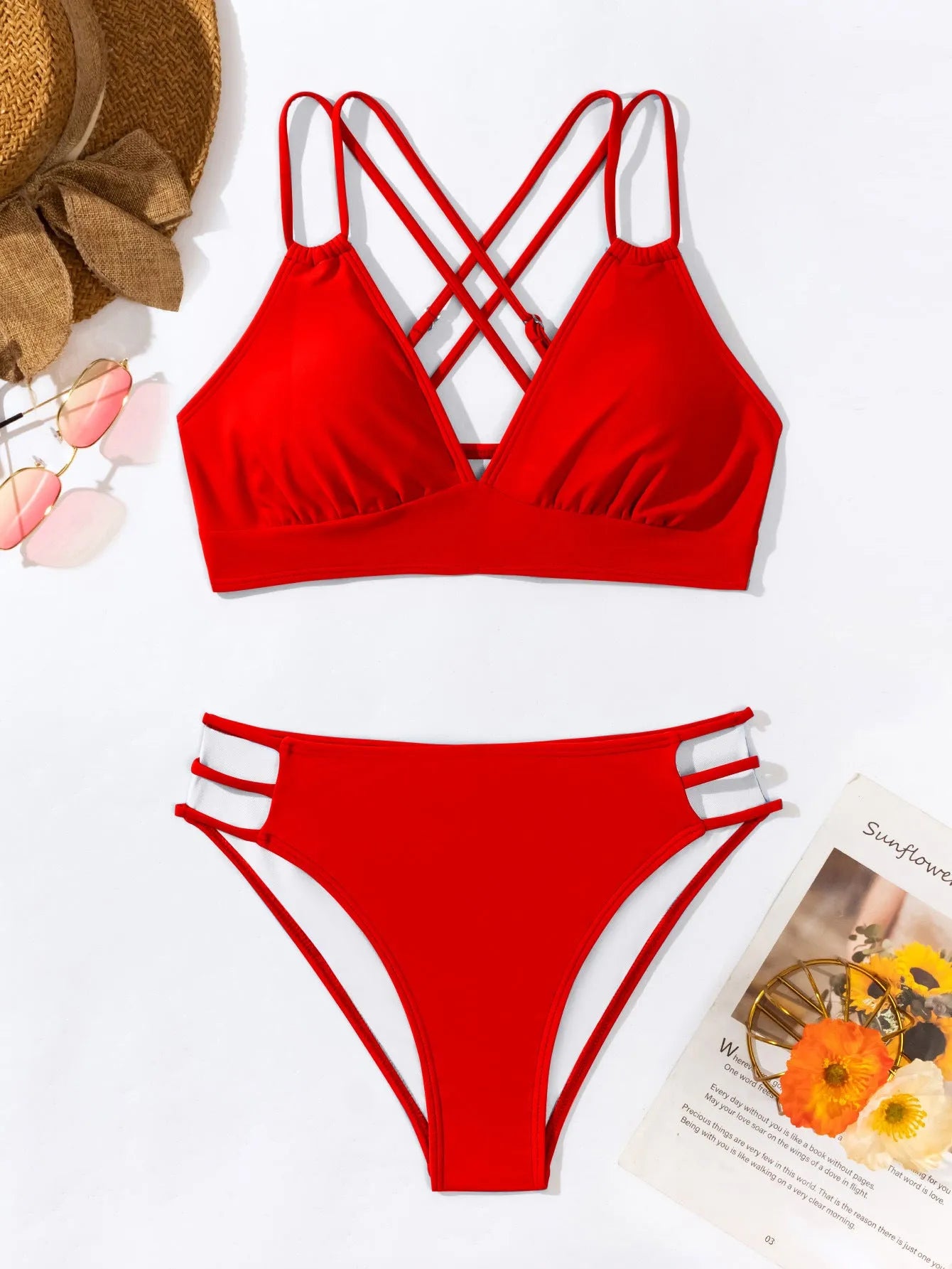 Women's V-neck halter bikini swimsuit with split bottoms in multiple colour options