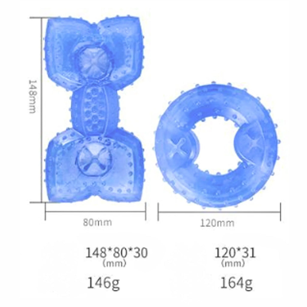 Freezable water-filled dog cooling chew toy in bones and circles designs with treat compartment.