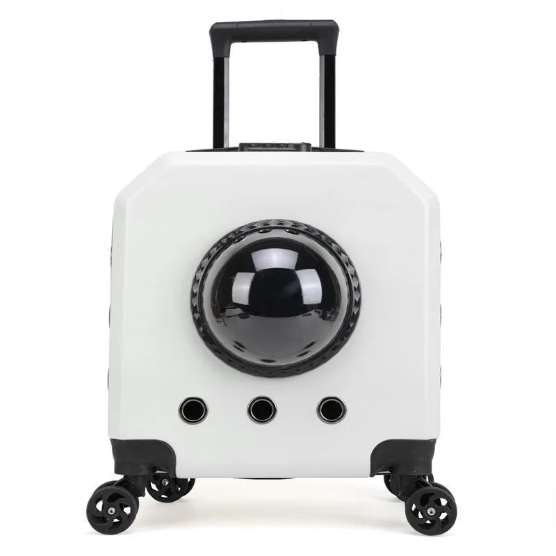 Hard-shell PVC pet flight trolley case in orange colour with wheels and pull handle