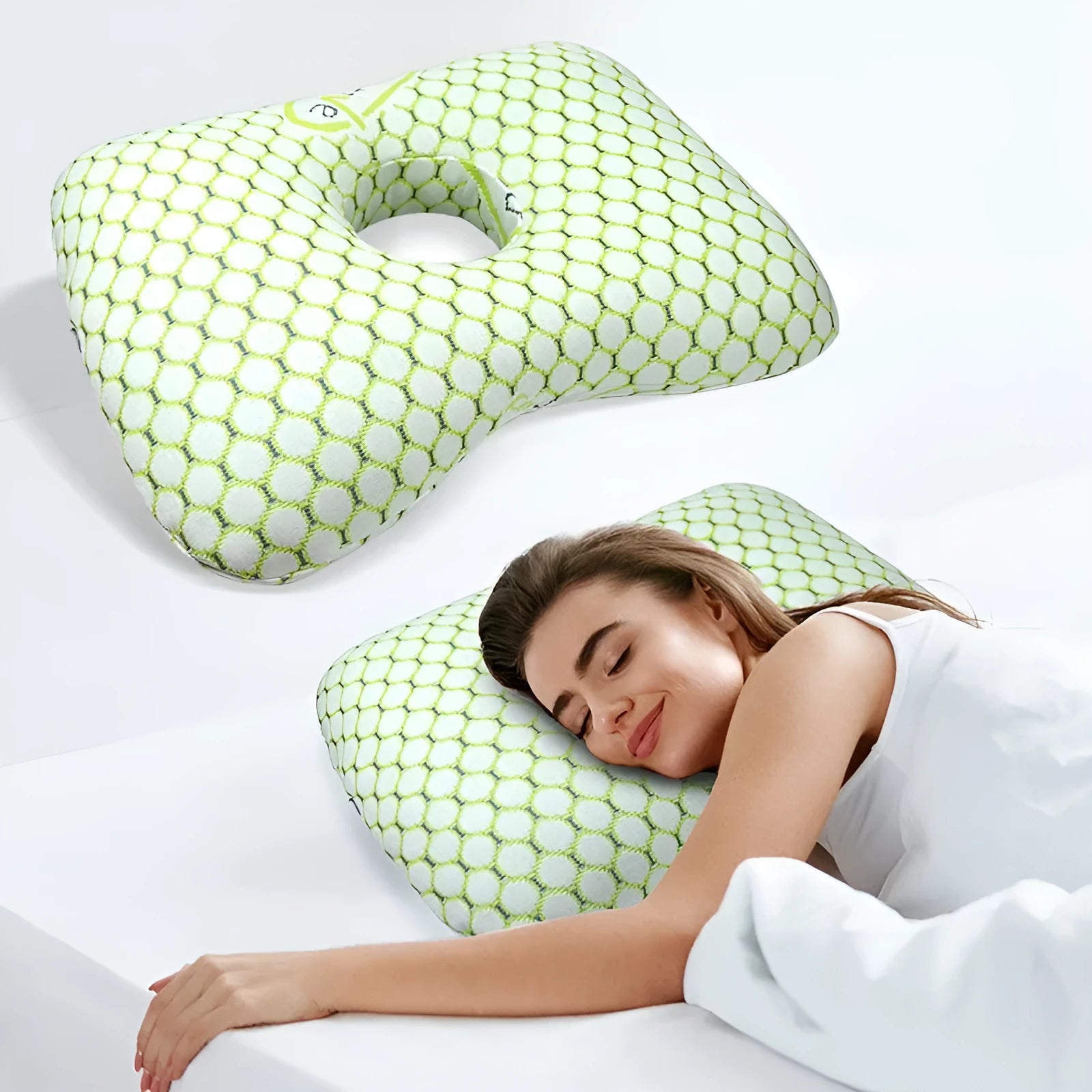 Beauty salon single hole ear pillow in New Chinese style, showing centre cut-out.