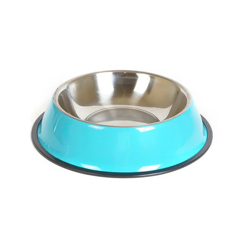 Stainless steel pet bowl inside colourful melamine pot with non-slip base