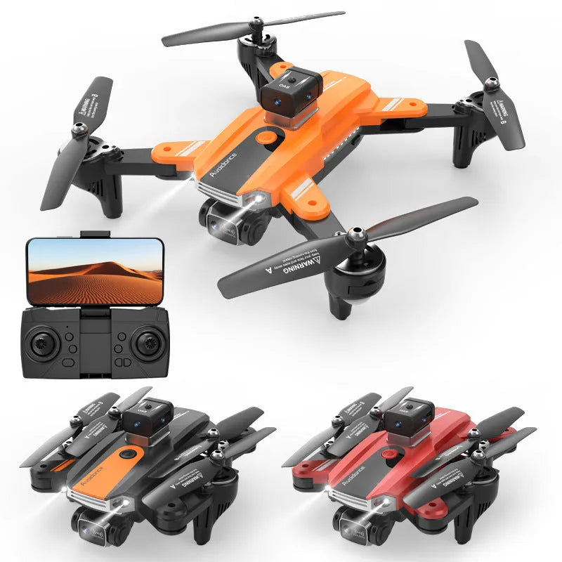 Orange quadcopter drone with dual cameras and obstacle avoidance sensors measuring under 30cm