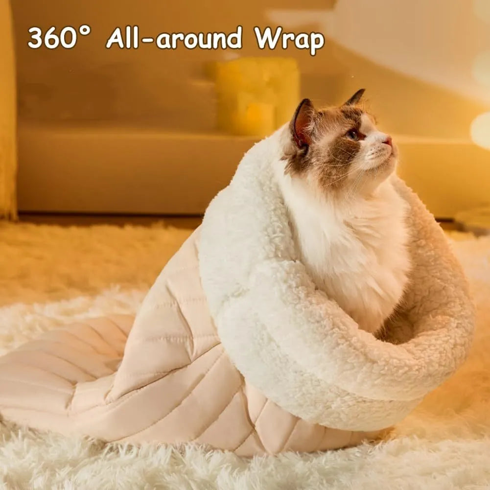 Cat sleeping bag in blue plush fabric with semi-enclosed tunnel design for indoor cats